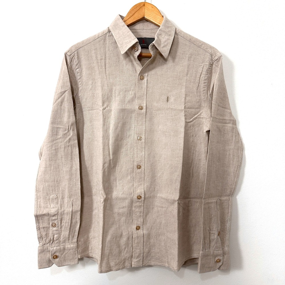 Mens Linen Blend Button Down Shirt M L Beige Flax Coastal Quiet Luxury
